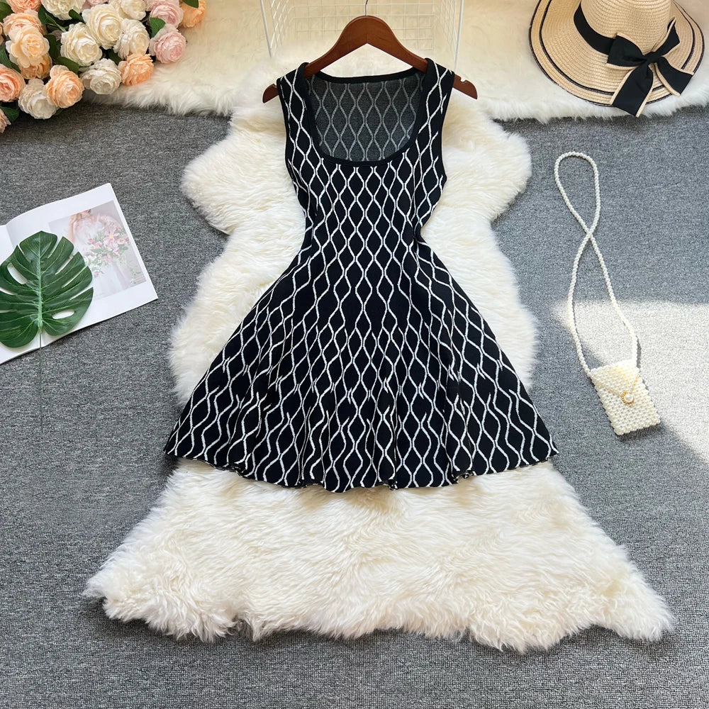 YuooMuoo Brand Fashion A-line Short Women Dress Elegant Y2K Geometric Knitted Summer Dress Female Harajuku Black Party Vestidos