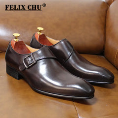 Brand Designer Mens Dress Shoes Classic Genuine Leather Buckle Monk Strap