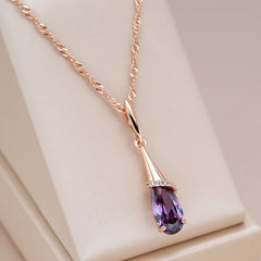 Fashion 585 Rose Gold Color Long Pendant Necklace for Women Water Drop Purple