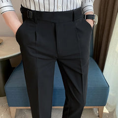 Fashion Mens Suit Pants High-waist Solid Color Business Slim Fit Formal Wedding Social Dress