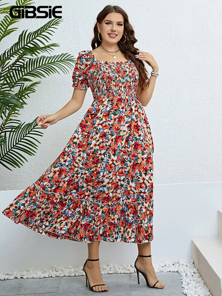 GIBSIE Floral Print Square Neck Puff Sleeve Dress Women Plus Size Vacation Boho Beach Ruffle Hem A-line Summer Long Dresses 2024