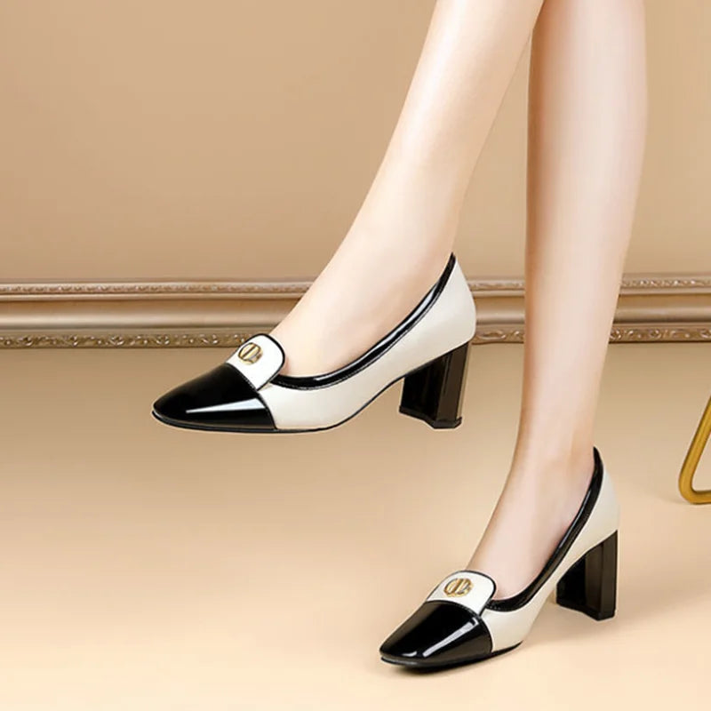 Women Fashion Black Slip on Square Heel Pumps Lady