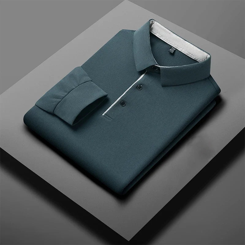 New Men's Business Casual  Long Sleeve Solid Color Polo Shirt Fashionable Warm Comfortable Four Seasons Versatile Top