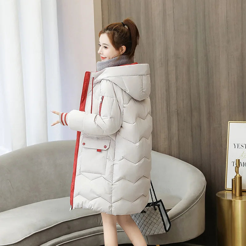 Women Winter Coat Mid-length Cotton Padded Parkas Hooded Warm Thicken