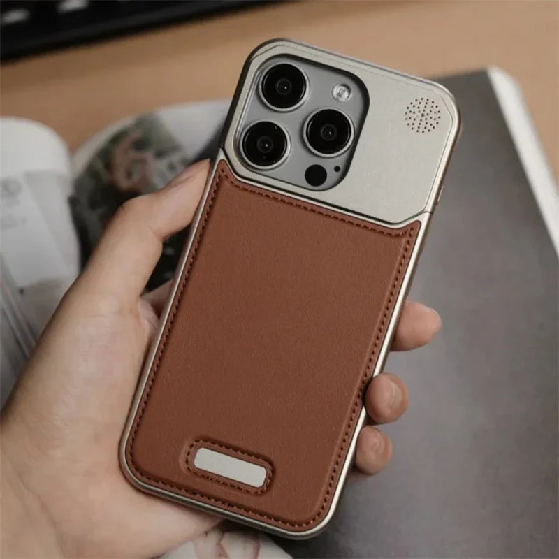 Aluminum Alloy Leather Magnetic Phone Case For iPhone 17 Air 16 15 14 Pro Max Wireless Charging Metal Frameless Shockproof Cover