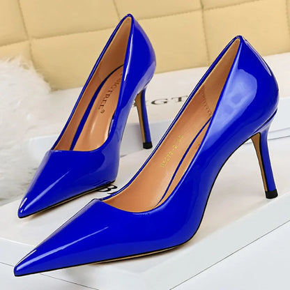 Women 8.5cm High Heels Scarpins Pumps Lady Blue Yellow Silver Glossy Leather Fetish Wedding Bridal Mid Low Heels Party Red Shoes