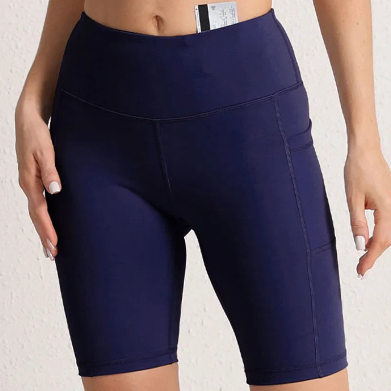 CHRLEISURE Women Yoga Shorts with 3 Pockets Seamless Gym Fitness Tights Elastic Cycling Shorts Female Solid Color Leggings