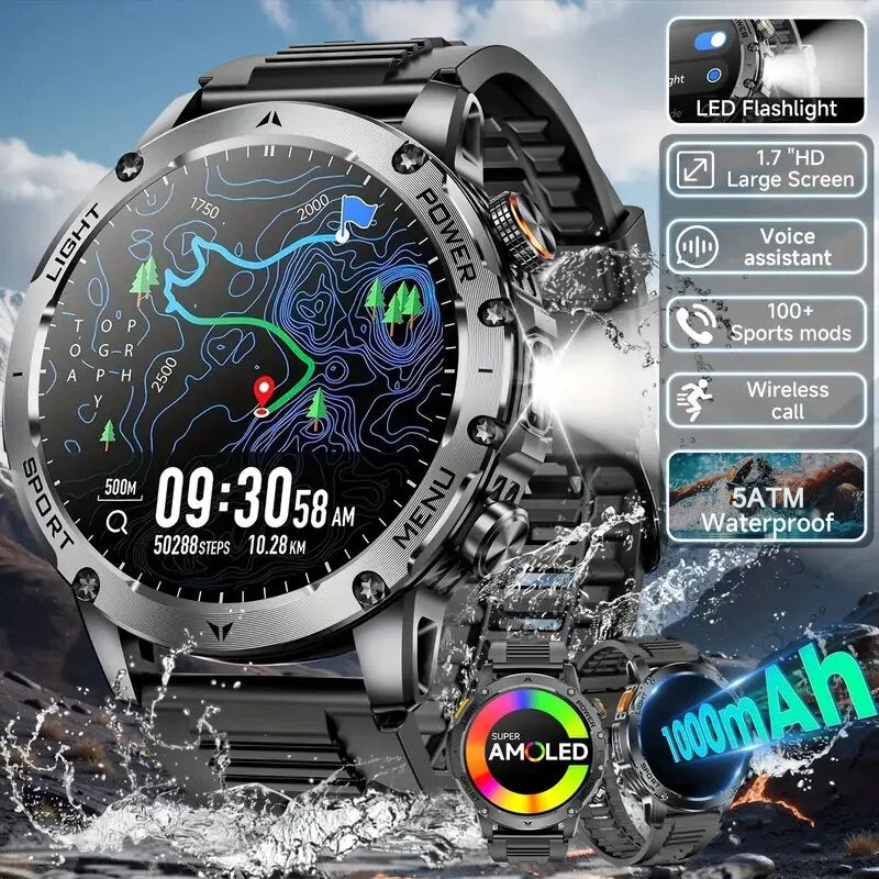 2025 New GPS Outdoor Sports Smart Watch Men AMOLED Screen NFC Flashlight Heart rate Waterproof Bluetooth Call 1000mAh SmartWatch