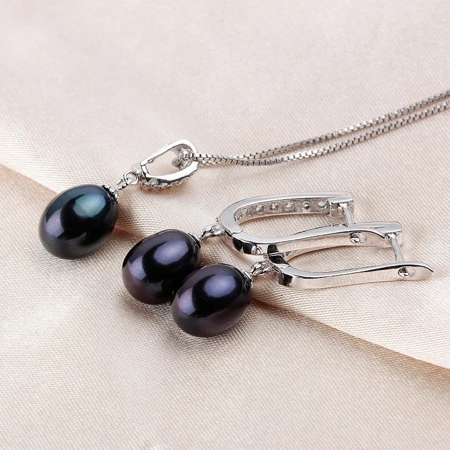 YWYC Horseshoe 8-9mm Rice Freshwater Pearl Earrings&Necklaces Jewelry Set for Women 925 Sterling Silver 45cm Pendant Necklace