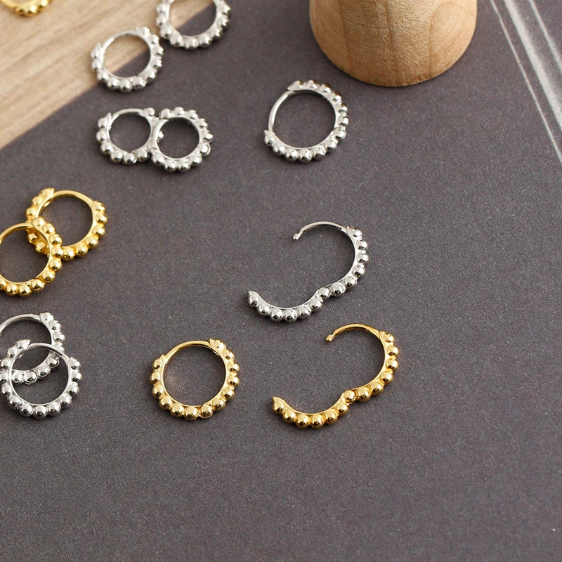 WANTME 925 Sterling Silver Simple Fashion Glossy Beads Gold Huggies Hoop Earrings for Women Gothic Piercing Jewelry Accessories