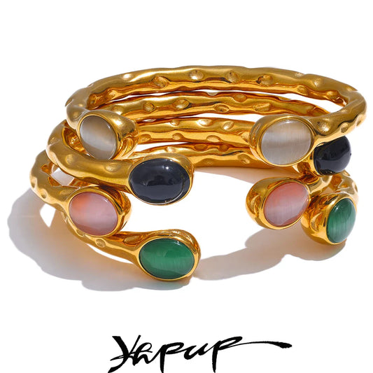Yhpup 62mm High Quality Stainless Steel Multicolored Natural Stone Golden Cuff Open Bracelet Bangle Water Resistant Jewelry