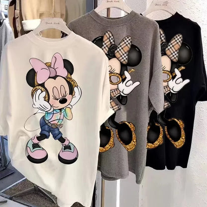 Disney New Minnie Kawaii Fun Women's Printed T-shirt Fashion Summer Cartoon Minnie Top Y2K Women's Extra Large Cotton T-shirt