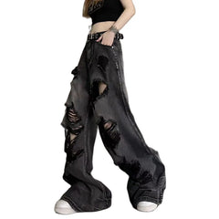 Vintage High Waist Denim Pants Ripped Jeans Women Fashion Loose Wide Leg