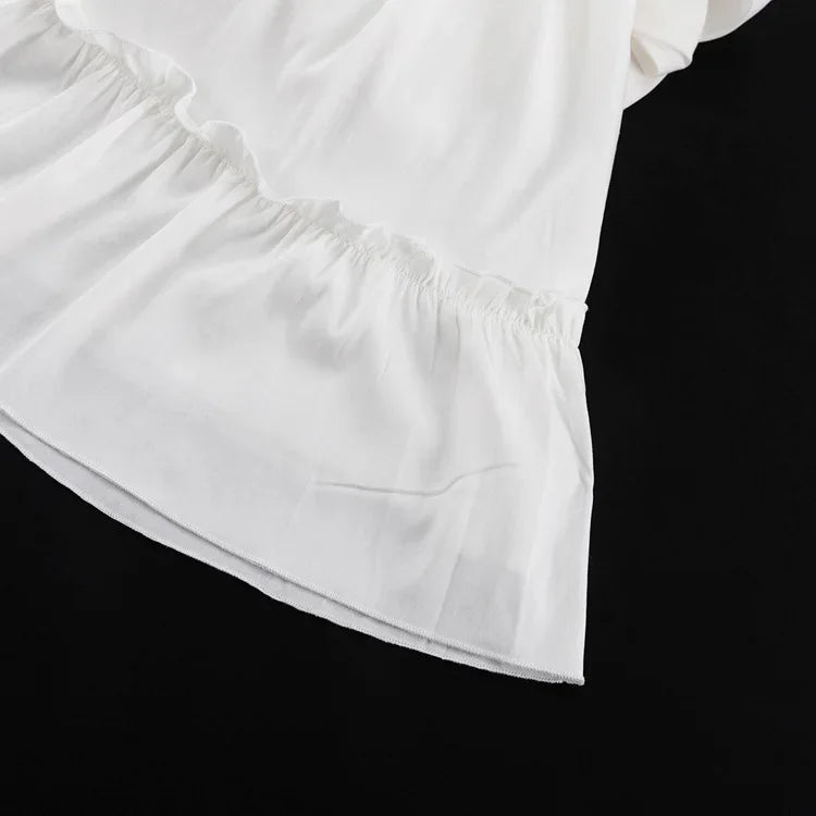Talenza White Ruffle Bandage Mini Dress Women's Elegant Patchwork Long Sleeve Dress New Slim V Neck Lace Up Summer Mini Dress