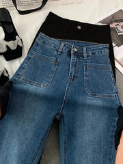 Classic High Waist Flare Jeans Women Vintage Pockets Stretch Slim Straight Trousers