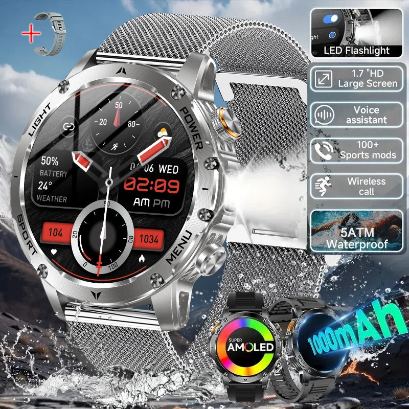 2025 New GPS Outdoor Sports Smart Watch Men AMOLED Screen NFC Flashlight Heart rate Waterproof Bluetooth Call 1000mAh SmartWatch