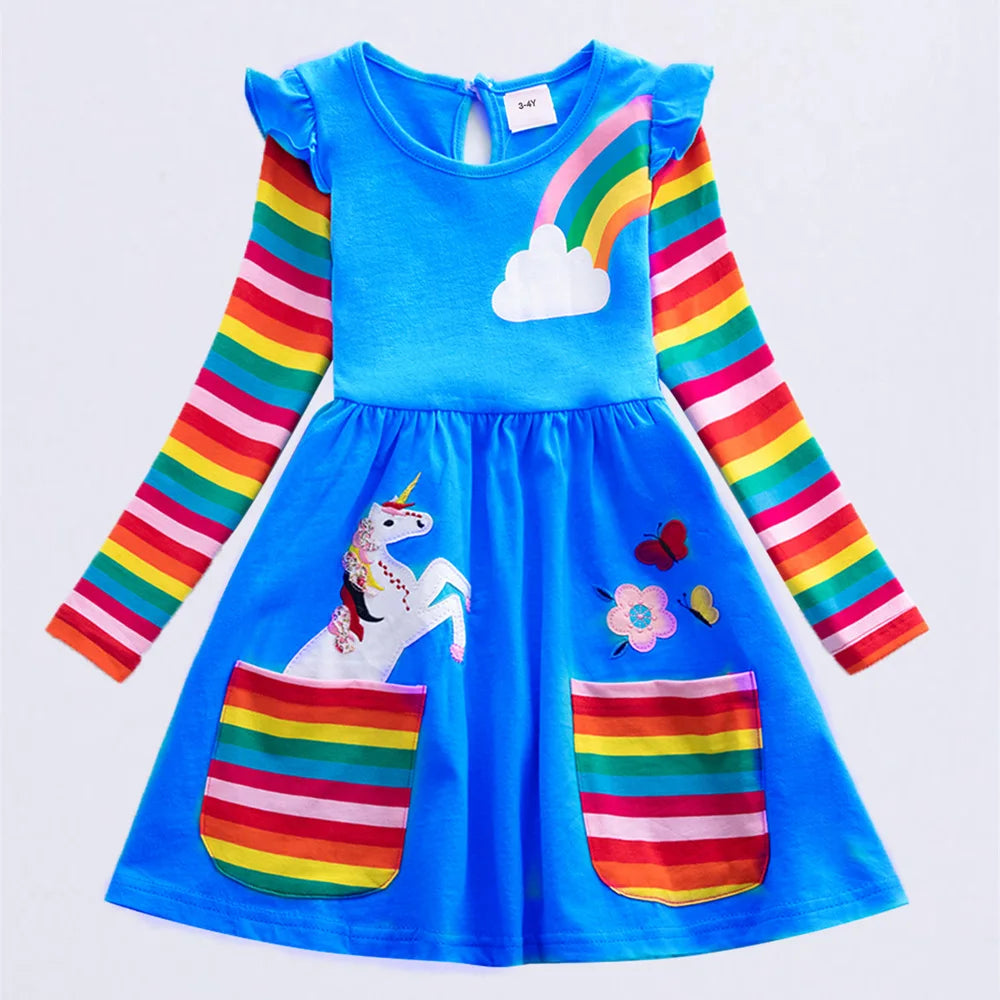 Girls' Long Sleeve Unicorn Dress Autumn Embroidery Two Pockets Rainbow Sleeves
