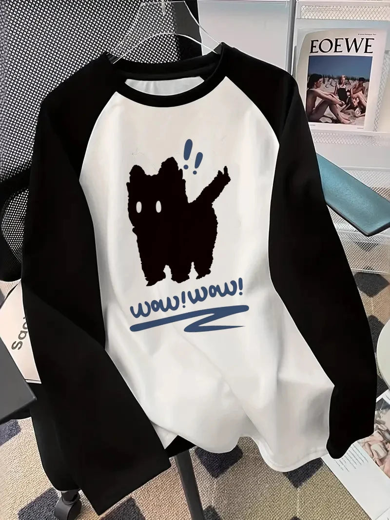 Winter Autumn Long Sleeved Black Cat Design Shirt Funny T Shirt Women's Casual Long Sleeve T-Shirt Crew Neck Top Tee Tshirt