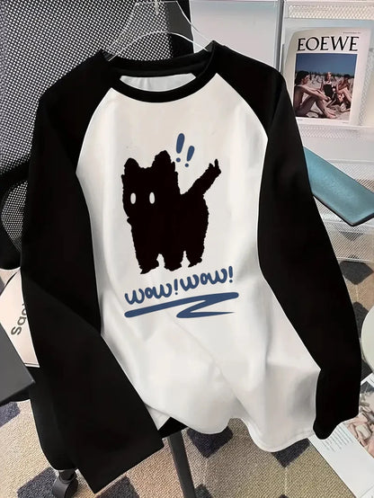 Winter Autumn Long Sleeved Black Cat Design Shirt Funny T Shirt Women's Casual Long Sleeve T-Shirt Crew Neck Top Tee Tshirt