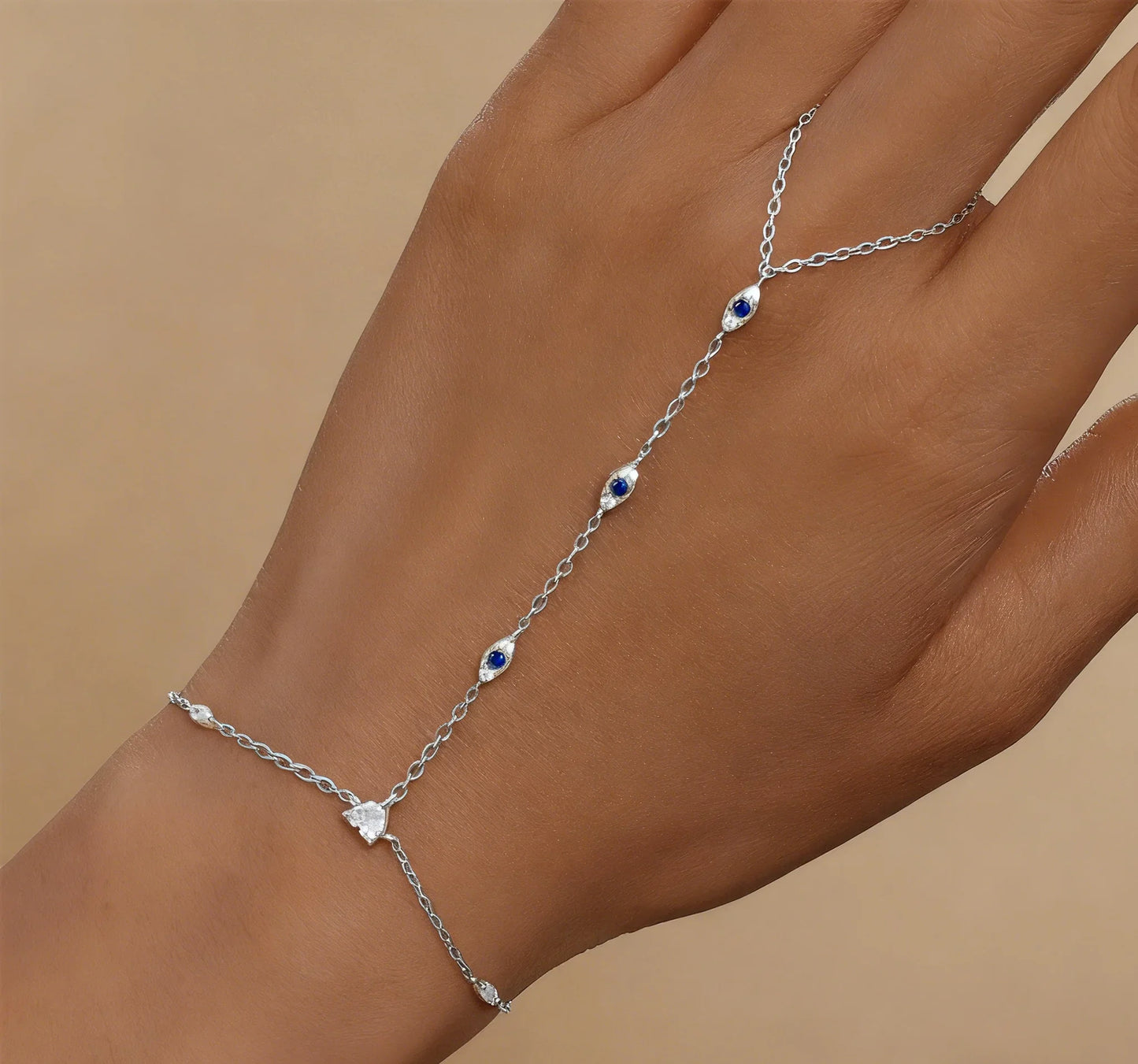 ROXI 925 Sterling Silver Evil eyes Blue/White Zircon Bracelet With Finger Design For Women Hand Chain Bracelet Party Jewelry