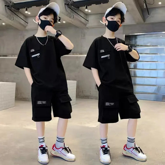 Boys Loose Casual Sets Summer Big Kids Short Sleeve Clothing Suit Teen Sport T-Shirt Tops+Shorts 2Pcs Children Fashion Outfits