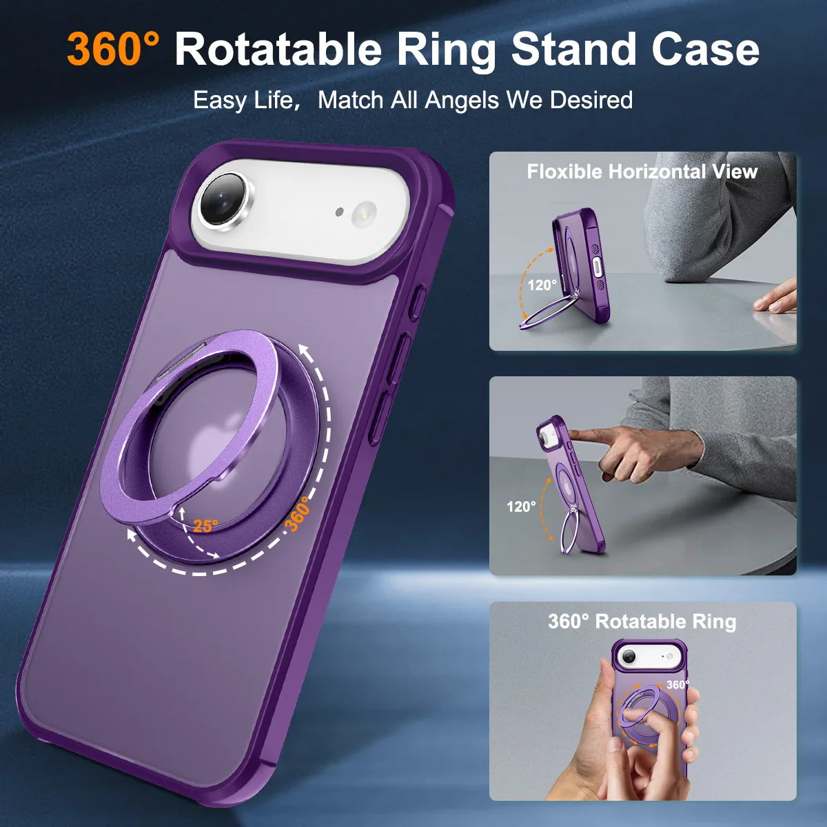 For iPhone 17/17 Pro/17 pro Max/17 Air Case with 360° Rotatable Matte Magnetic Ring Hidden Stand Drop-Proof Protection