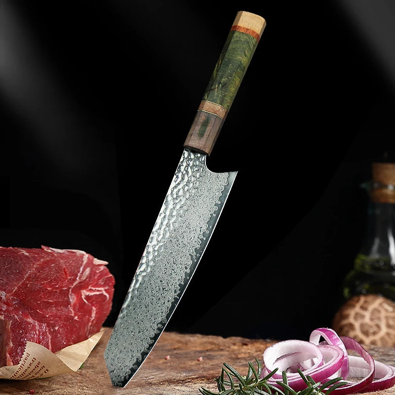 Damascus Chef Knife 8 Inch  Vg10 Japanese Knife Stabilized Colored Wood Handle