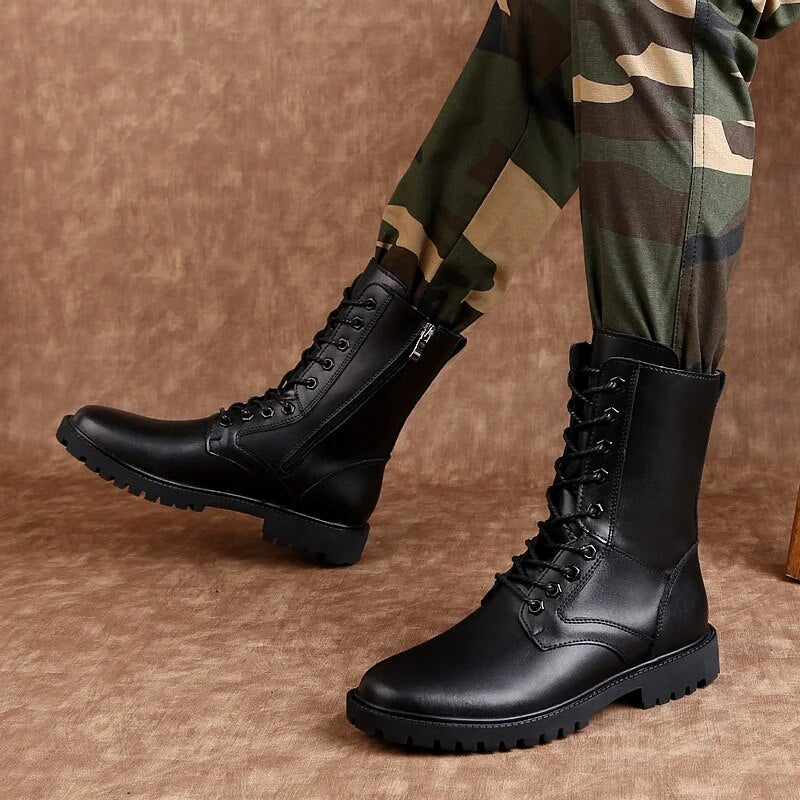 Side Zipper Male Boots Genuine Leather Male Shoes Lace-Up Men Military