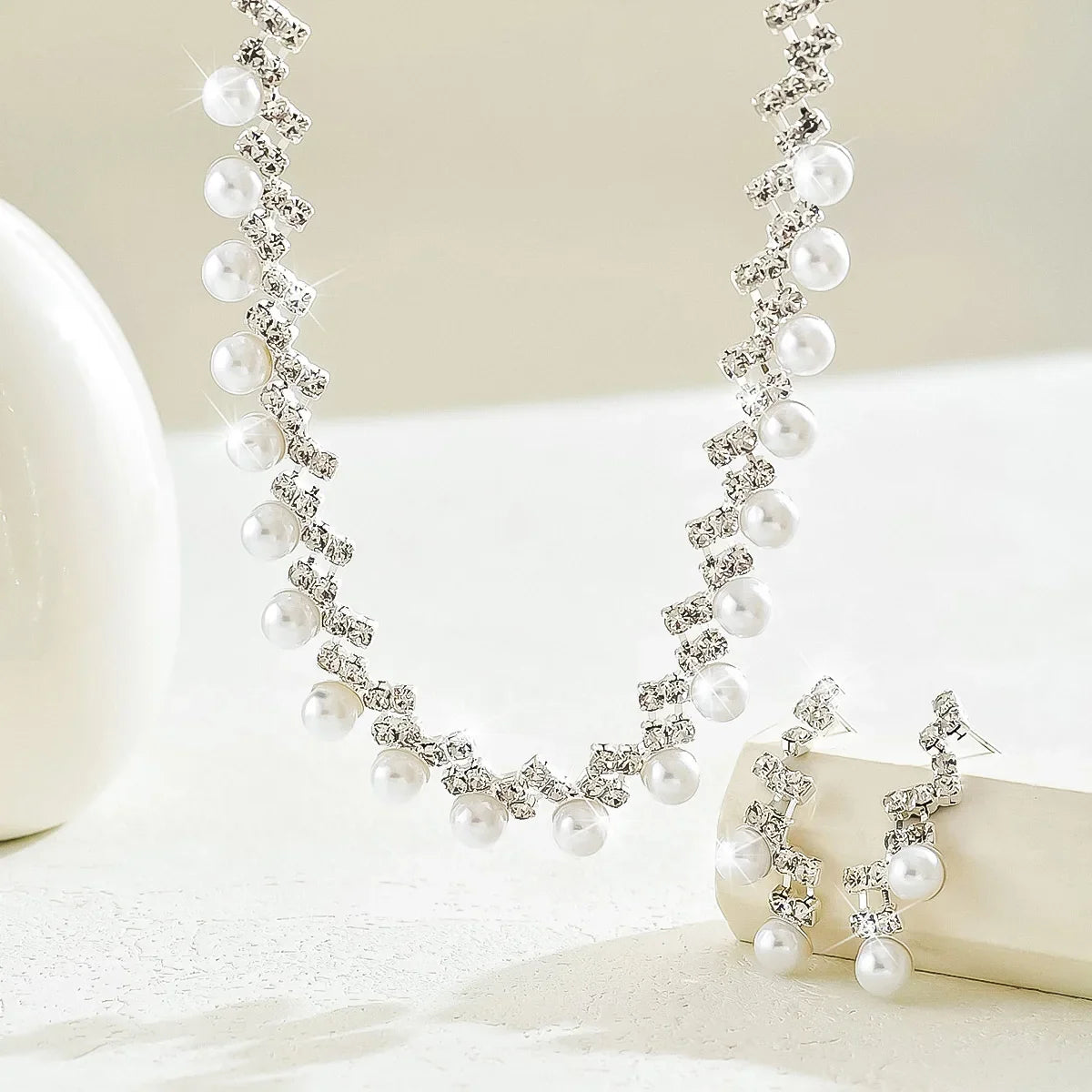 TREAZY Silver Color Pearl Crystal Bridal Jewelry Sets Wave Shape Choker Necklace Earrings Sets for Women Wedding Jewelry Sets