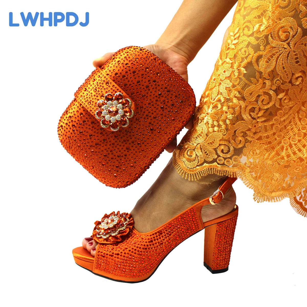 2024 High Quality Peep Toe Slingback Decorated with Flower Design Shoes Matching Bag Set in Orange Color For Ladies Party