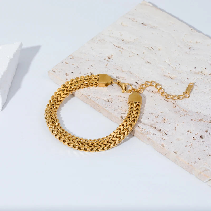 Stainless Steel Gold Color Thick Chain Choker Necklace Bracelet for Women Fashion