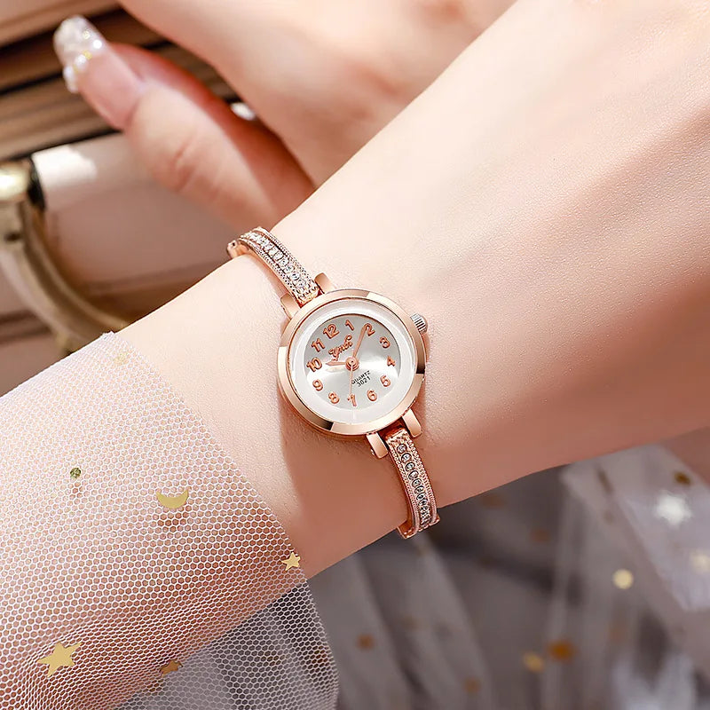 Women's round dial Arabic numeral small dial steel belt chain quartz watch