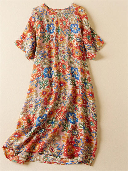 Plus Size Summer New Vintage Floral Dress Casual Loose Ladies Womens Cotton Linen Print Dresses Woman Flower Pullover Midi Dress