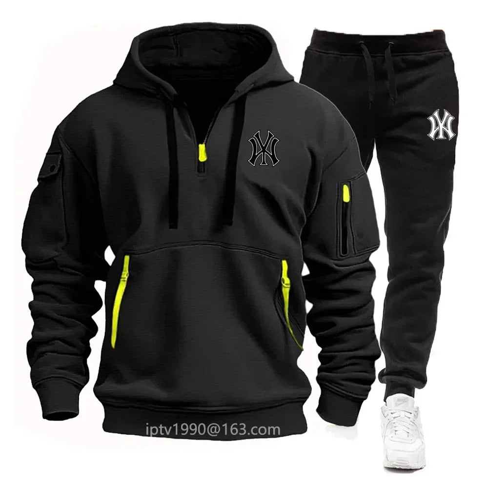 A stylish, casual and fitness two-piece set for men's autumn and winter 2025: zipper hoodie, long-sleeved pullovers and jogging