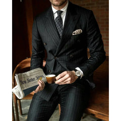 Black Striped Men Suits Slim Fashion Peak Lapel Double Breasted 2 Piece