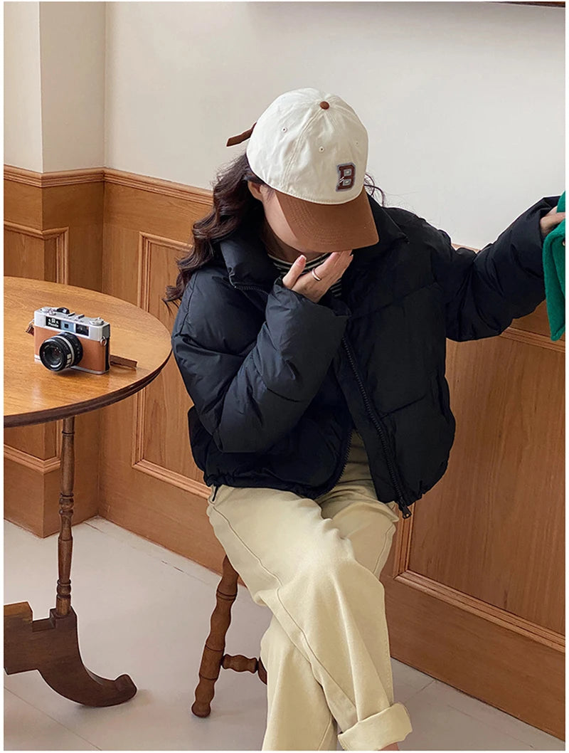 Korean Fashion Women Puffy Coats Simple Solid Loose Short Parkas Winter Thick