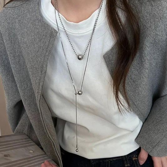 Personality Design Silver Color Stainless Steel Beaded Ball Pendant Necklace for Women Double Layer Hip Hop Rock Chokers Jewelry