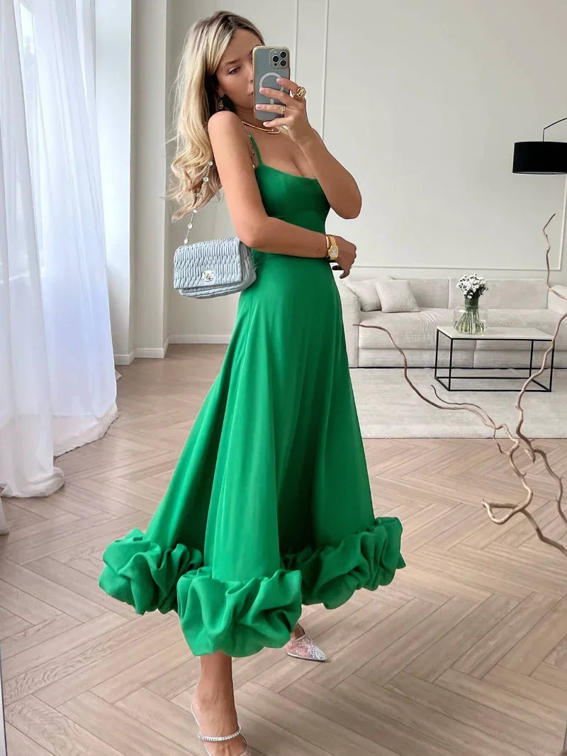 Evening wear Dresses: Women Spaghetti Strap A-line Ruffles Pink Evening Dresses