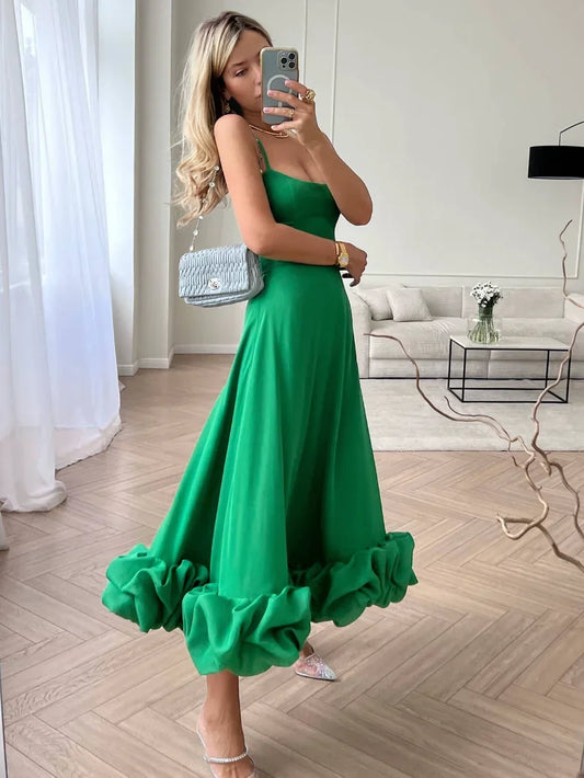Evening wear Dresses: Women Spaghetti Strap A-line Ruffles Pink Evening Dresses