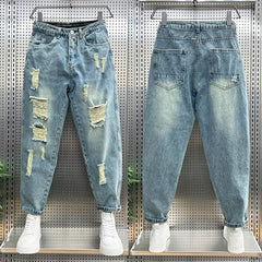 Ripped Jeans Men Clothes Loose Stretch High Waist Jeans Male Denim Pants