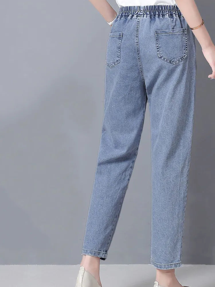 Vintage High Waist Ankle-length Blue Jeans Harem Elastic Denim Pants