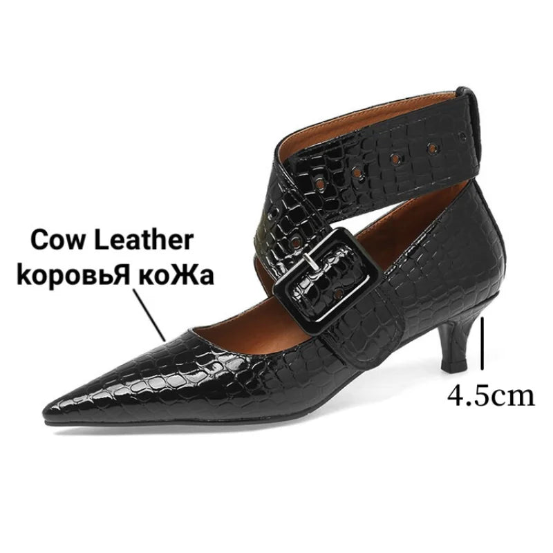 Real Leather Women Crocodile Thin Heeled Pumps Big Buckle