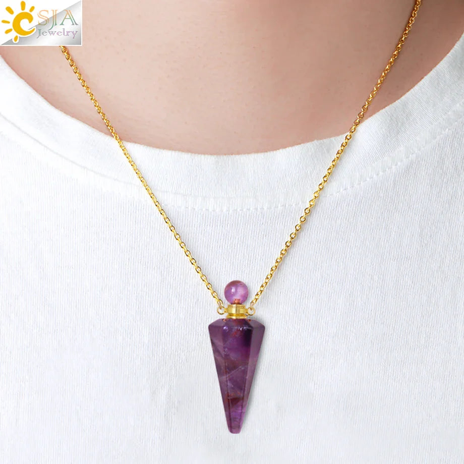 Natural Stone Cone Perfume Bottle necklace Healing Clear Quartz Crystal Pendant Reiki Essentials Oil Diffuser Vial Necklace H119