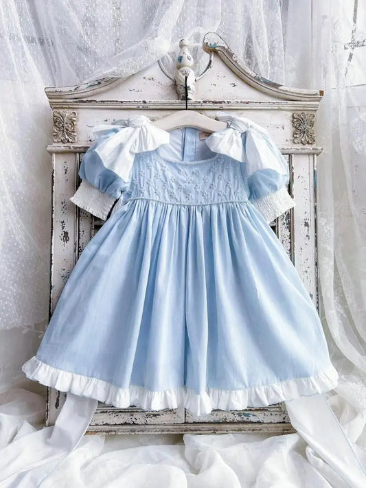 Kids Spanish Clothes Girls HandMade Blue Dress with Big Bow sleeve Baby Pearl