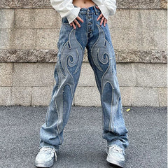 Vintage Flame Embroidered High Rise Jeans Women's Washed Old Loose Fit Jeans Women