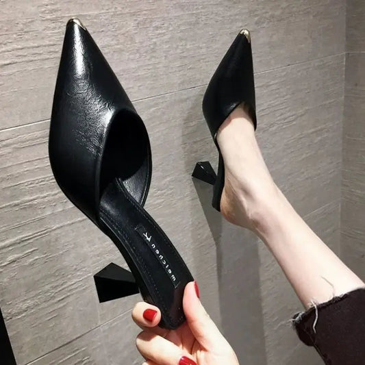 Summer 2024 Black Slides Mules Women's Slippers and Ladies Sandals High Up To 5cm Heel Shoes Job Leather on Promotion Footwear F