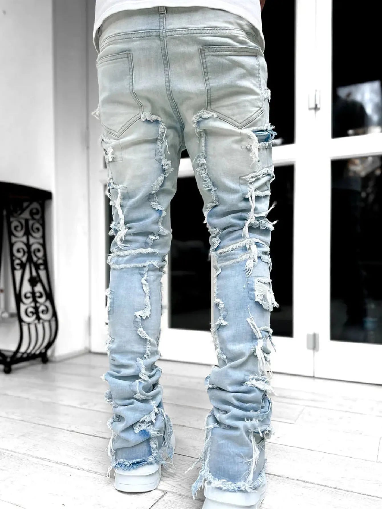 Ripped Jeans Male Retro Trend Street Style Fashion Spliced Slim Jeans Versatile