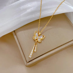 Classic Charming Romantic White Tassel Butterfly Necklace Fashionable Micro-inlaid