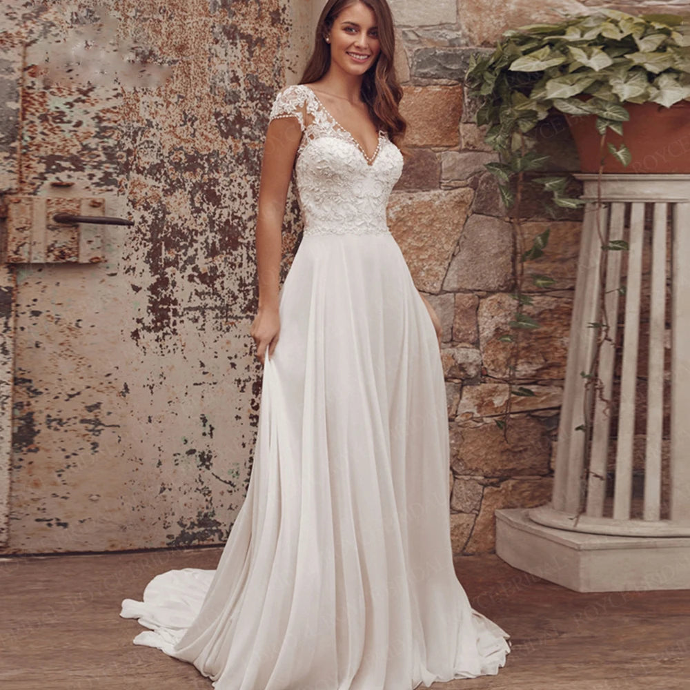 White Bridesmaid Dresses: Wedding Dresses With Cap Sleeve V-Neck Lace
