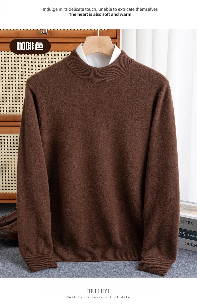 Fashion Men's 100% Wool Pullover Half-high Collar Sweater Autumn Winter Warm Top